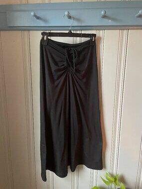 American Eagle Black Midi Skirt XS Ruched Front Drawstring Stretchy Slip Skirt
